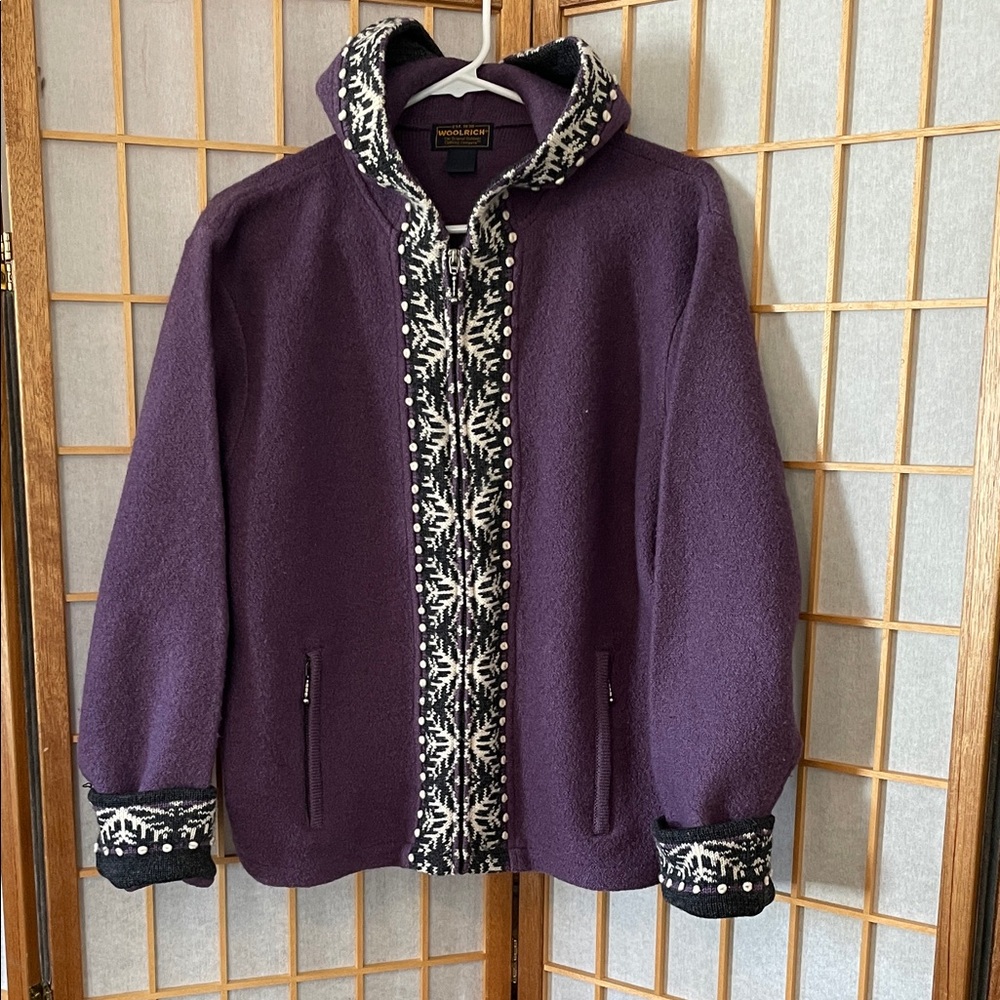 Woolrich Purple Argyle Nordic Wool Hooded Zippered Sweater